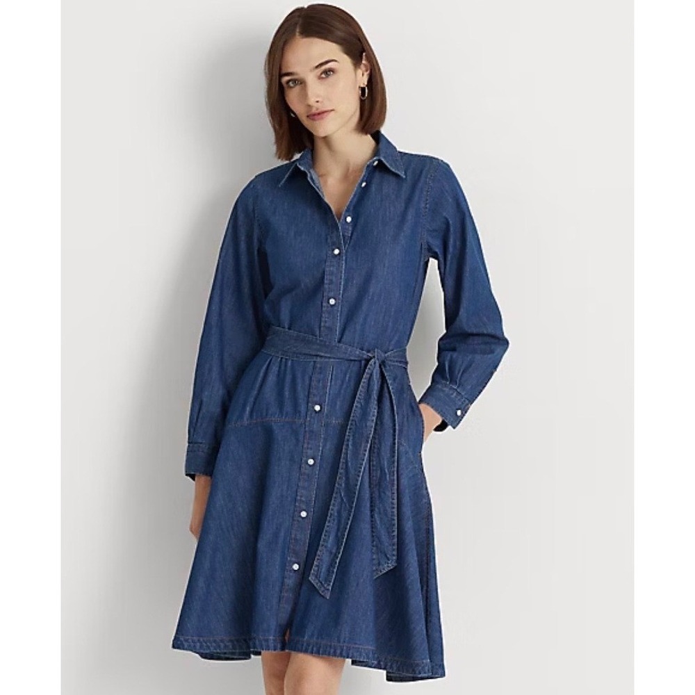 Lauren Ralph Lauren Medium Wash Denim Button Front Belted Shirt Dress Size 4